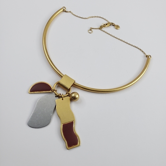 Madewell curved bar necklace - art deco pendants gold + silver tone + red brown - Picture 6 of 9